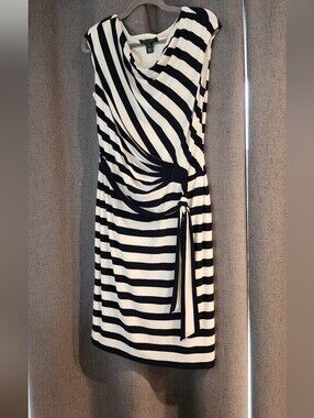 Lauren Ralph Lauren Striped Sleeveless Ruched Side Dress Black White Size 12